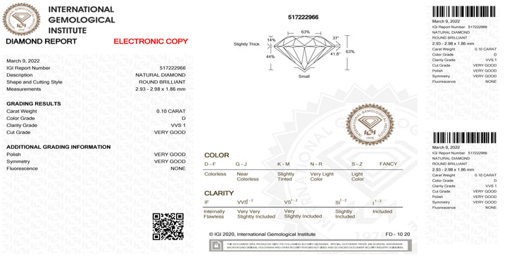 IGI الماس نفطة شهادة brillantcut 0.10ct اللون D نقاء VVVS 1
