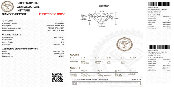 IGI الماس نفطة شهادة بريليانت قطع 0.09ct اللون G نقاء SI 2