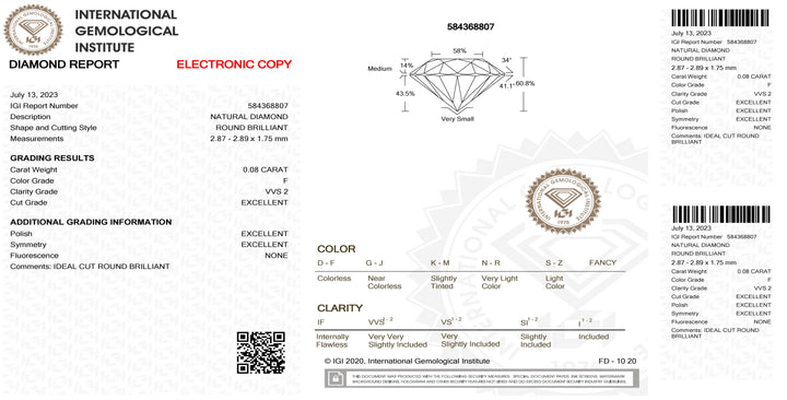 IGI الماس نفطة شهادة تألق قطع 0.08ct اللون F نقاء VVS 2