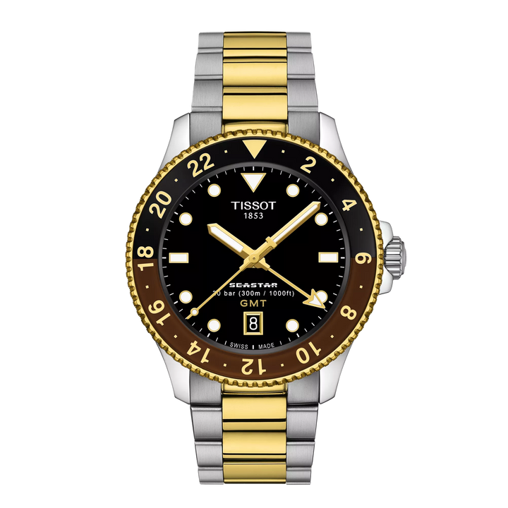 Tissssot watch Seastar 1000 GMT 40mm black quartz steel finish PVD yellow gold T120.852.22.051.00