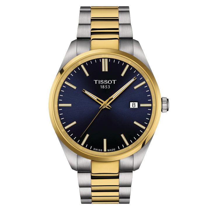 ساعة تيسوت PR 100 40 ملم كوارتز أزرق فولاذ طلاء PVD ذهب أصفر T150.410.22.041.00