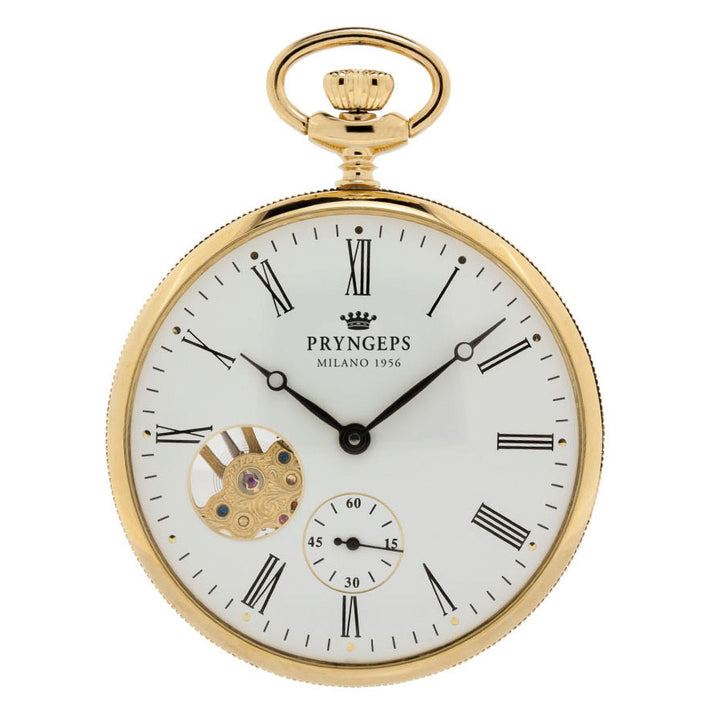 ساعة جيب برينجيبس كلاسيكية، 50 ملم، تعبئة يدوية بيضاء، فولاذ مطلي بمادة PVD، لمسة نهائية من الذهب الأصفر T065-L