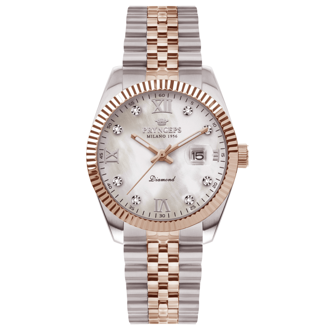 Pryngps erre x 32mm امرأة امرأة Bicolor Rosa Steel ، والدة Pearl Dial مع A822/2RQB MP Diamonds Diamonds