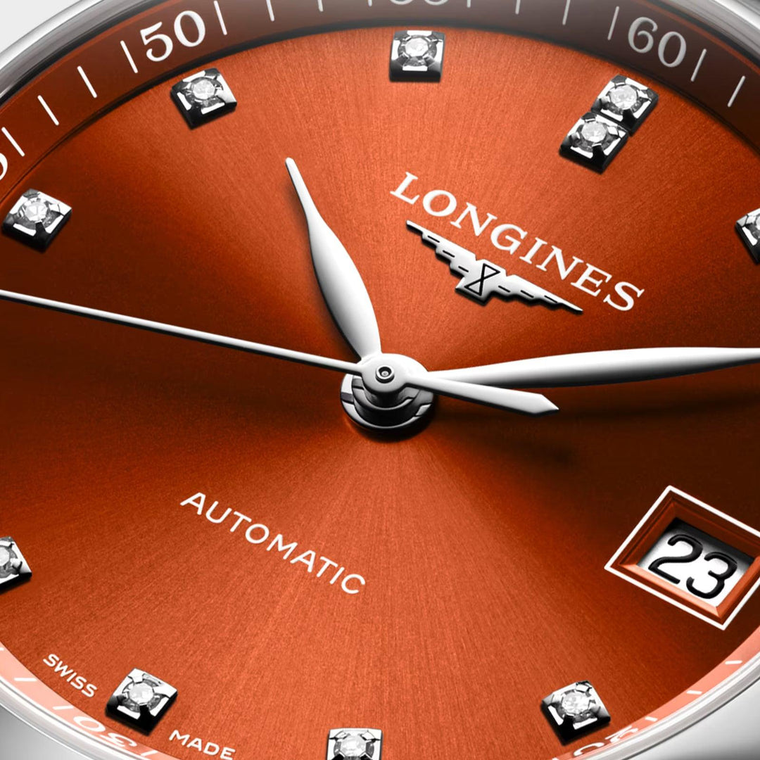 Longines orologio Master Collection 34mm arancione diamanti automatico acciaio L2.357.4.08.6 - Capodagli 1937