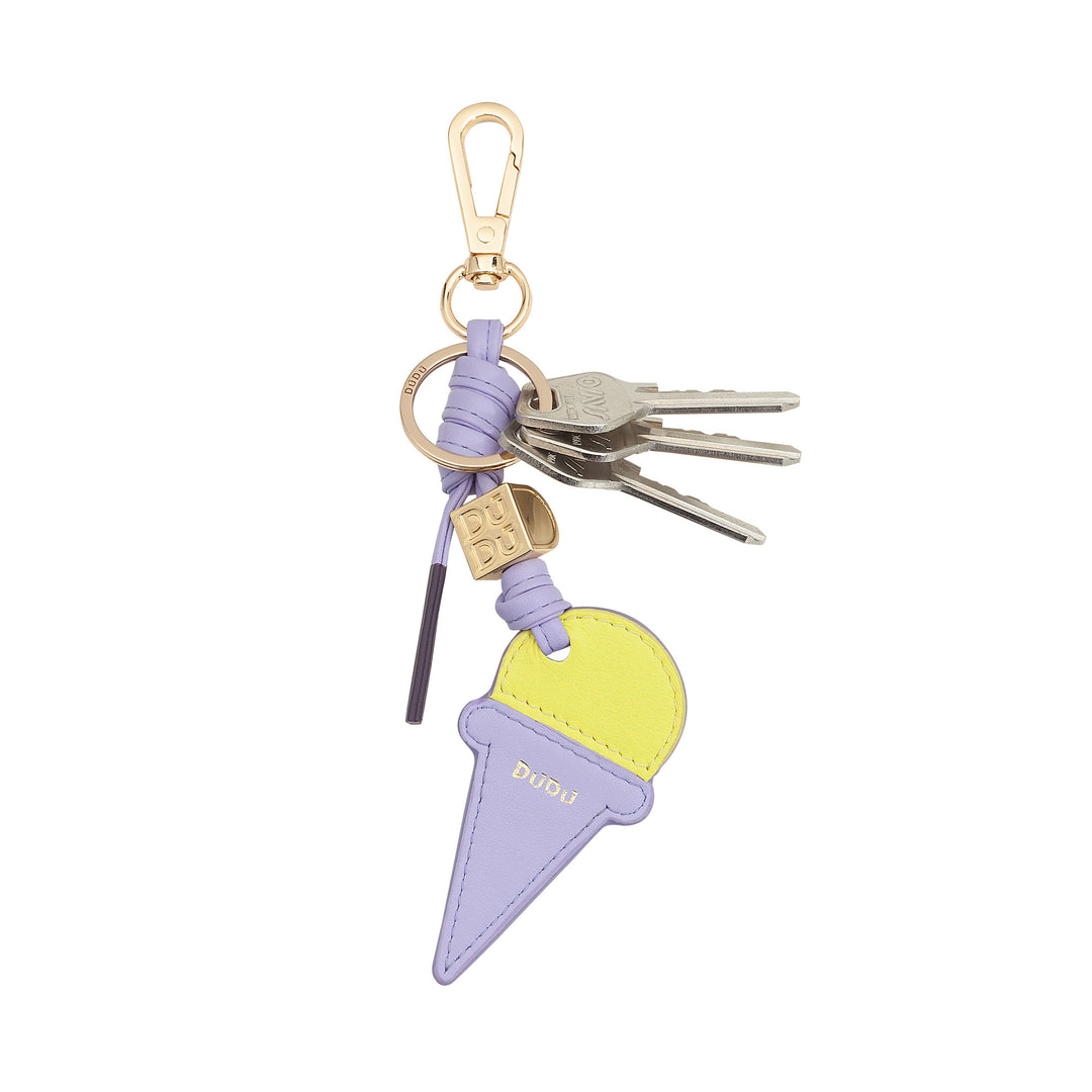 Dudu leather key ring with ice cream cone, keychain men woman, with ring and carabiner, summer keychain design