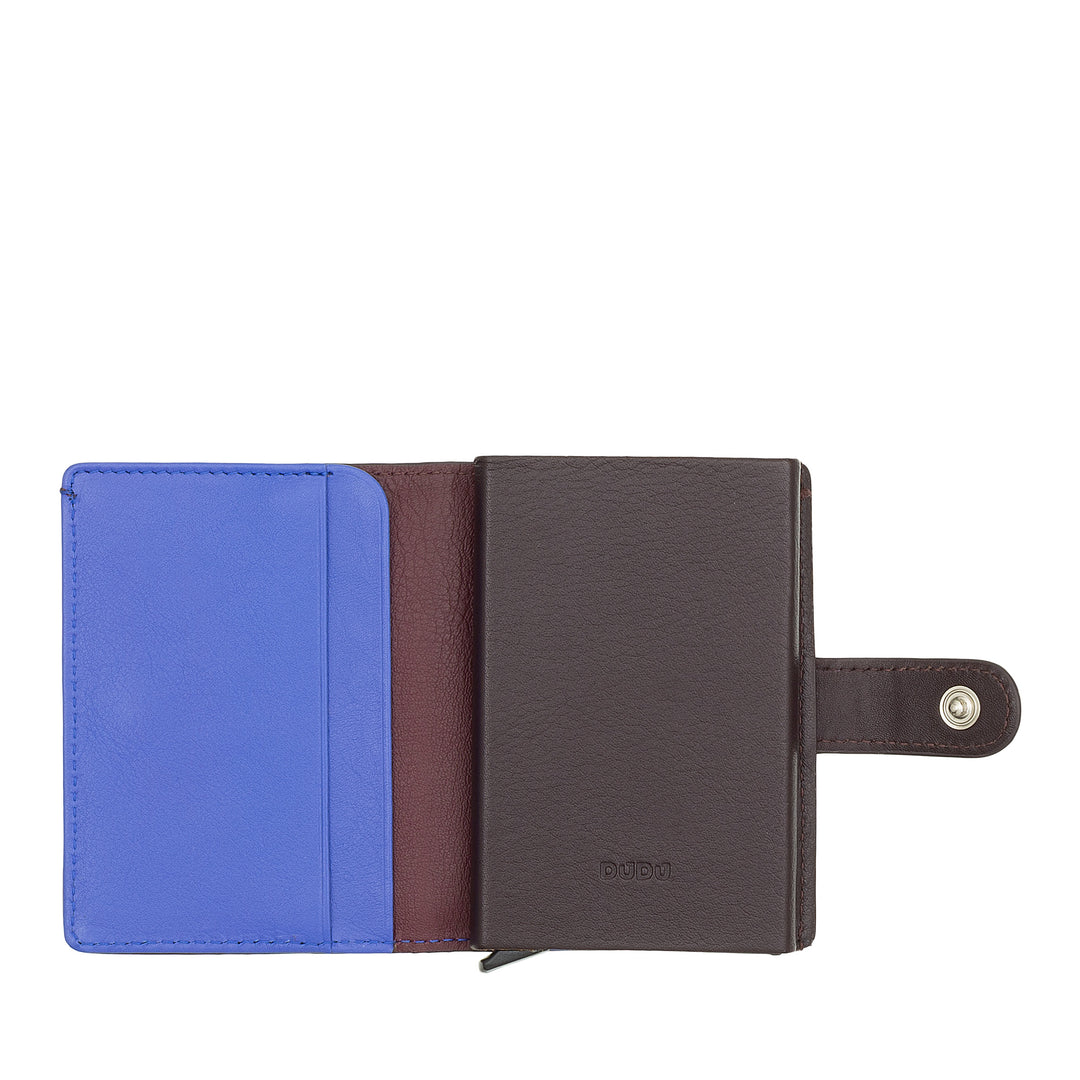 DUDU Men's Card Wallet in Leather RFID Protection, Small Mini Wallet with Aluminium Card Protector, Banknote Holder and Button Closure