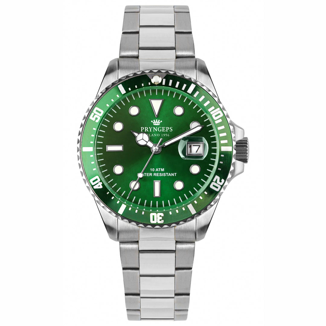 Pryngeps ساعة البحر الأبيض المتوسط المهنية 100M 42MM اللون الأخضر الفولاذ الكوارتز A1085 V / V