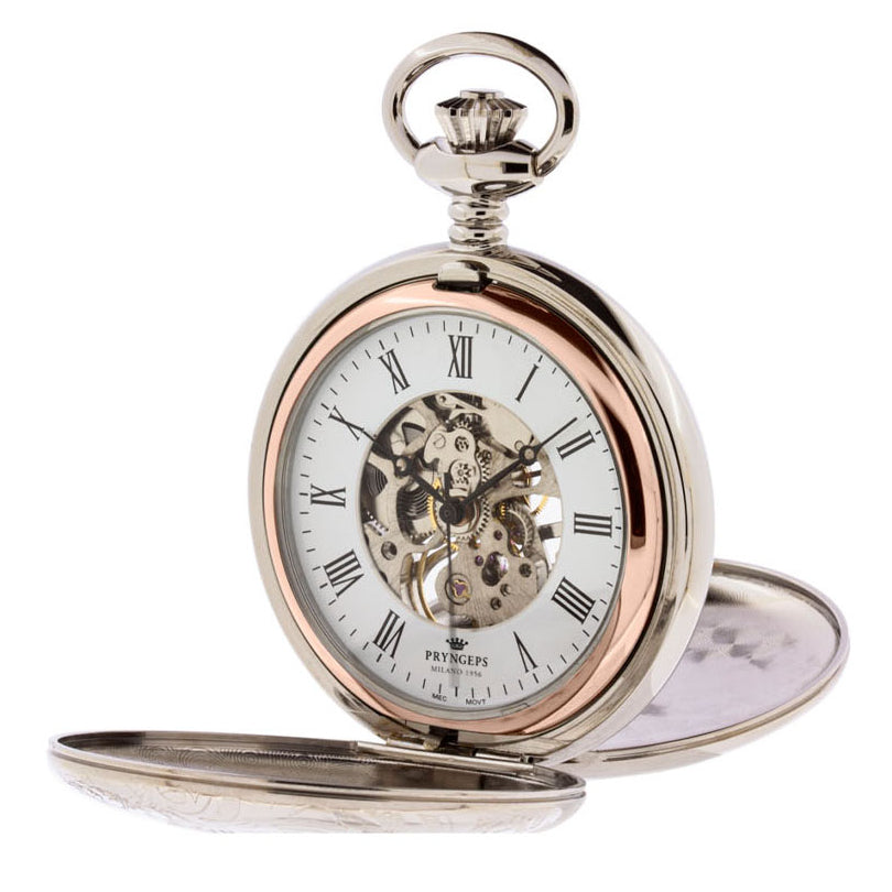 Pryngeps ساعة الجيب 47 ملم الأبيض اليدوي لف الفولاذ التشطيبات PVD الذهب الوردي T083/ص