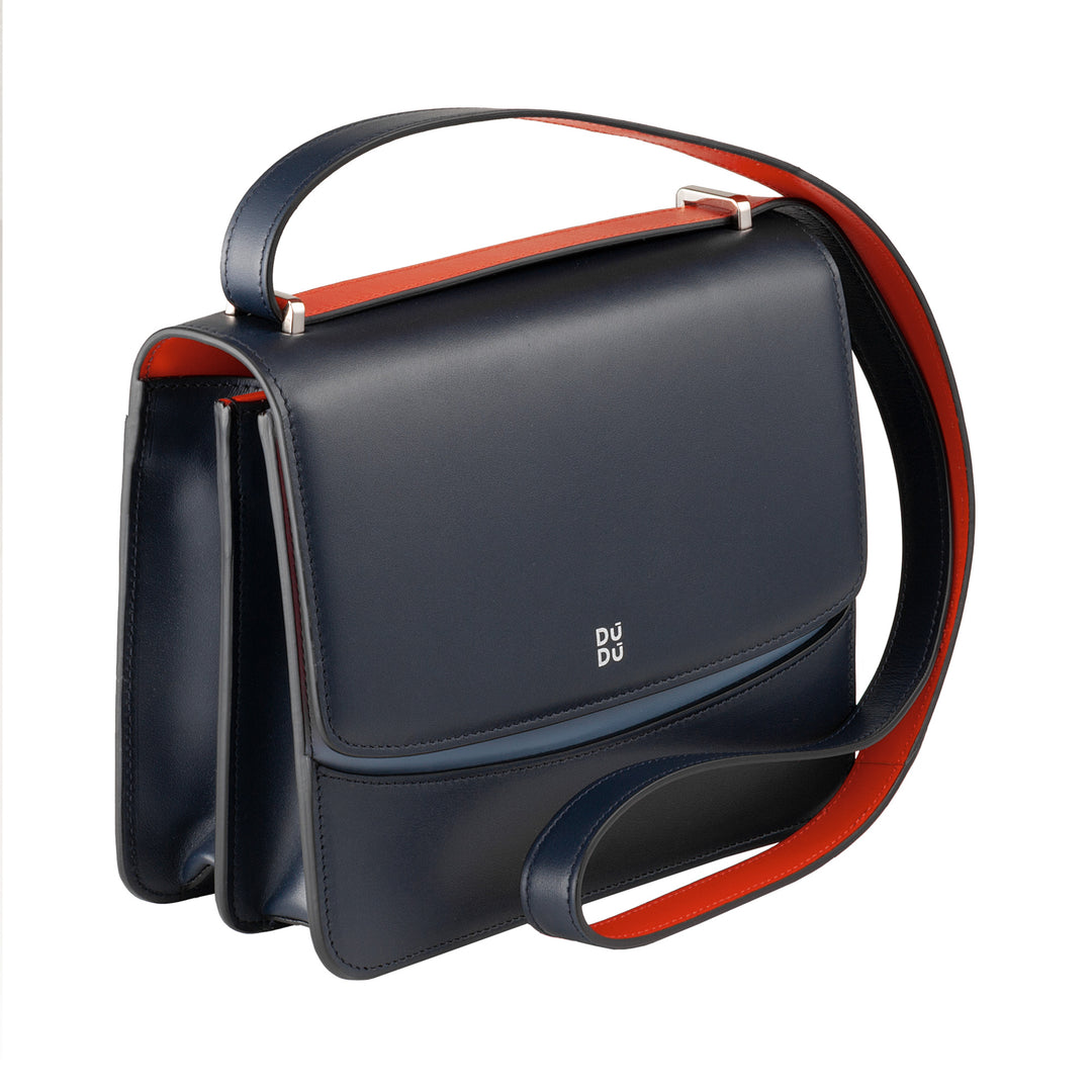 DuDu حقيبة يد نسائية متوسطة مصنوعة من الجلد في إيطاليا، حقيبة صلبة بتصميم أنيق مع رفرف 2 مقصورات