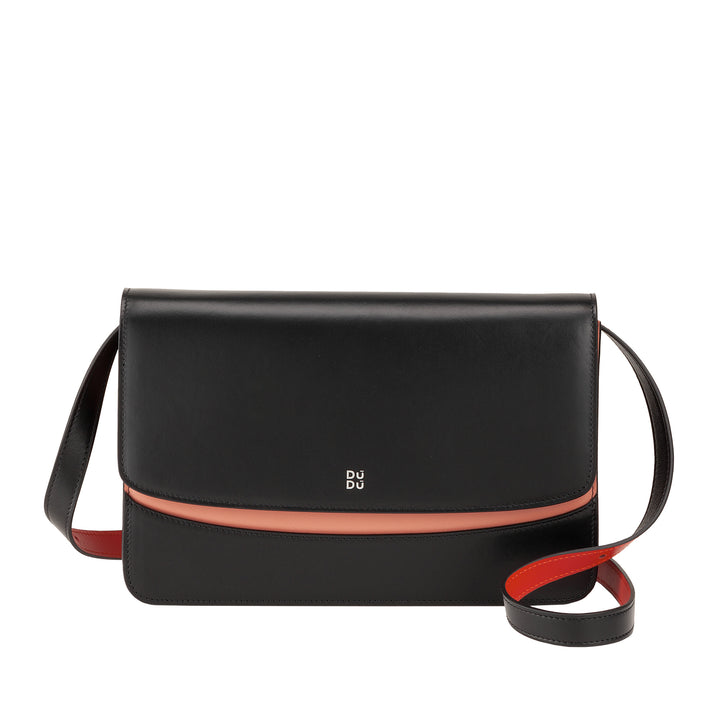 DuDu حقيبة الكتف جلد المرأة المصنوعة في إيطاليا تصميم كبير جامدة أنيقة مع رفرف، مع 3 مقصورات