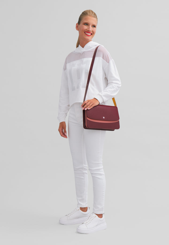 DuDu حقيبة الكتف جلد المرأة المصنوعة في إيطاليا تصميم كبير جامدة أنيقة مع رفرف، مع 3 مقصورات