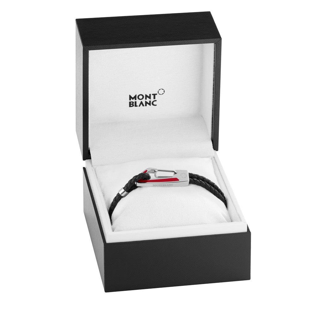 Montblanc bracciale Star pelle nera intrecciata con chiusura moschettone acciaio inserto lacca rossa misura M 11855563 - Gioielleria Capodagli