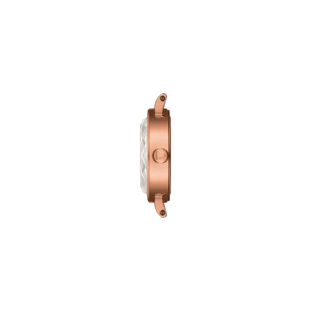 تيسو ساعة جميلة جولة 19.5mm أم اللؤلؤ الكوارتز الصلب النهاية PVD الذهب الوردي T140.009.33.111.00
